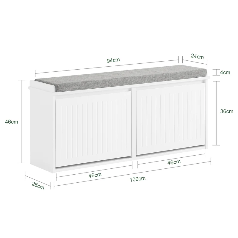 SoBuy FSR98-XL-W Banc à Chaussures avec Coussin Rembourré et 2 Abattants pour Entrée Couloir – 100x26x46 cm, Blanc