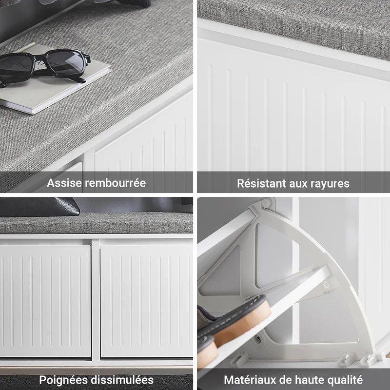 SoBuy FSR98-XL-W Banc à Chaussures avec Coussin Rembourré et 2 Abattants pour Entrée Couloir – 100x26x46 cm, Blanc