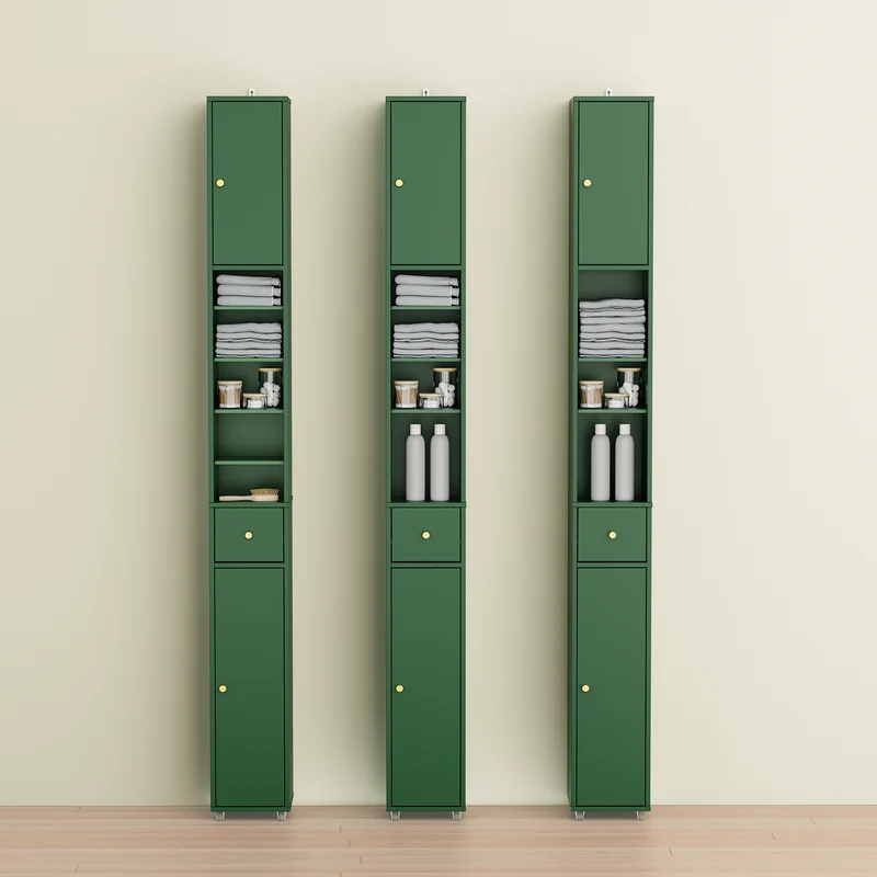 SoBuy BZR34-II-SY Colonne Salle de Bain Vert Foncé 180 cm Ultra-Slim 20 cm avec Tiroir et Étagères Réglables – Anti-Humidité, Anti-Basculement, MDF