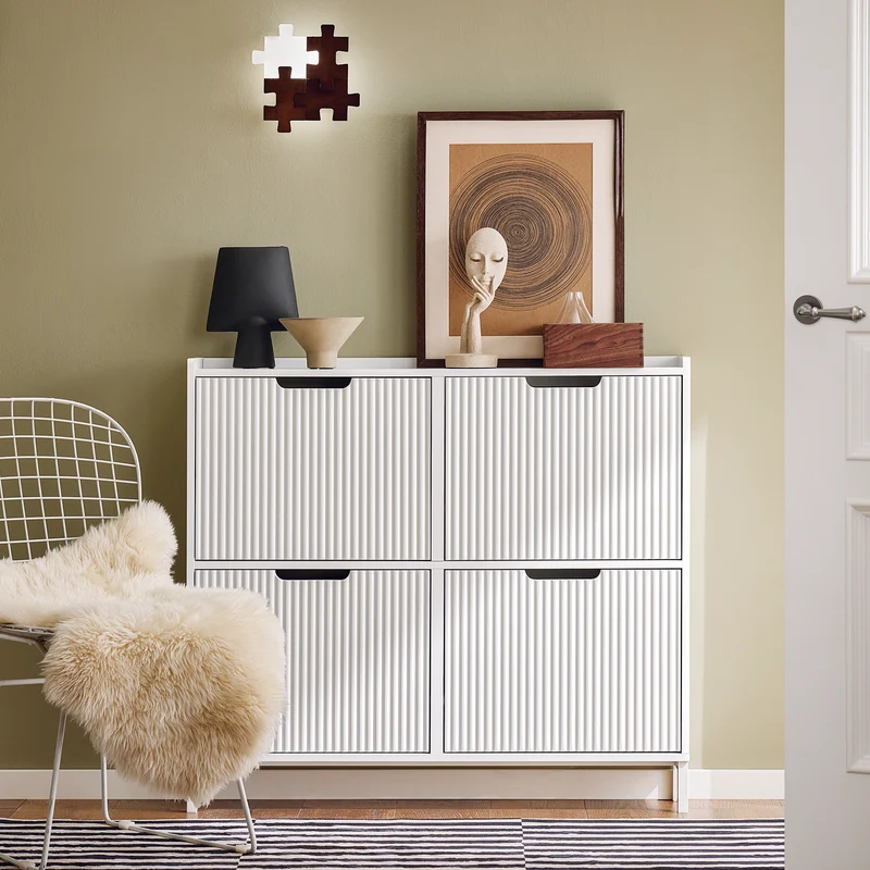 SoBuy FSR177-L-W Armoire à Chaussures 4 Abattants – 12 à 16 Paires, 19 cm de Profondeur, Anti-Basculement – 100×19×91 cm, Blanc
