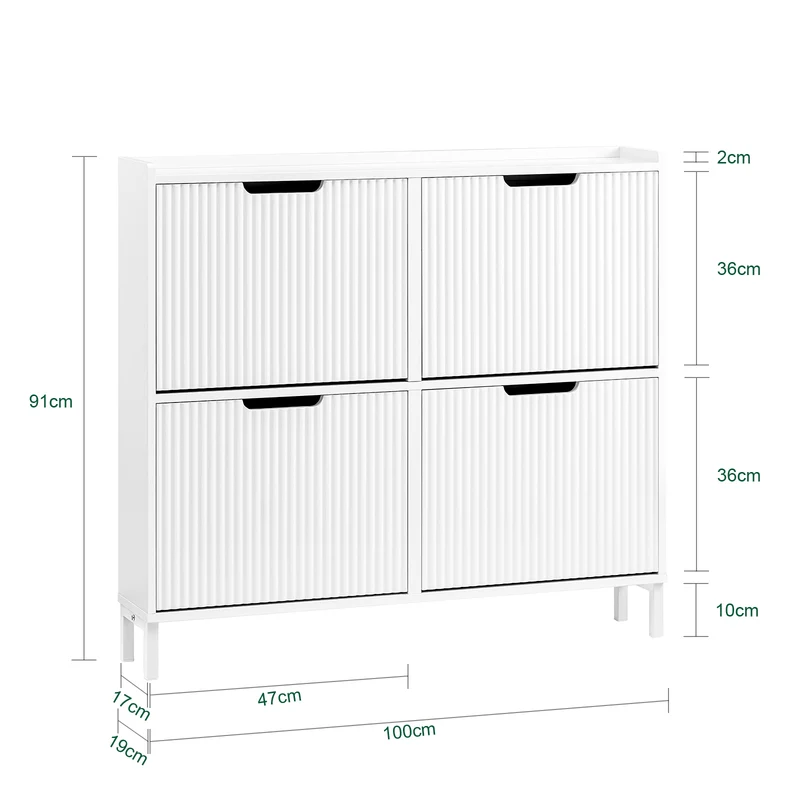 SoBuy FSR177-L-W Armoire à Chaussures 4 Abattants – 12 à 16 Paires, 19 cm de Profondeur, Anti-Basculement – 100×19×91 cm, Blanc
