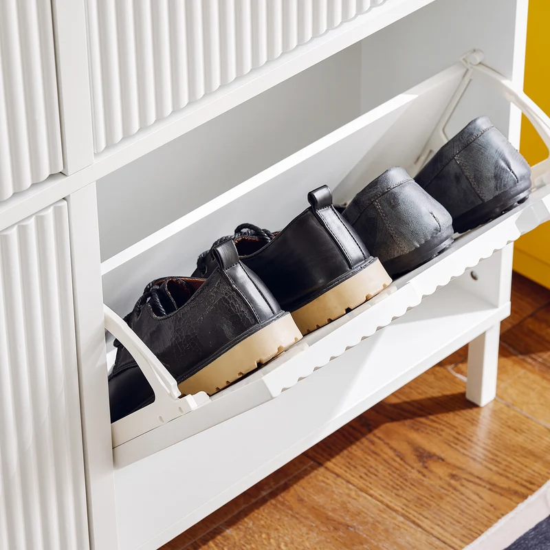SoBuy FSR177-L-W Armoire à Chaussures 4 Abattants – 12 à 16 Paires, 19 cm de Profondeur, Anti-Basculement – 100×19×91 cm, Blanc