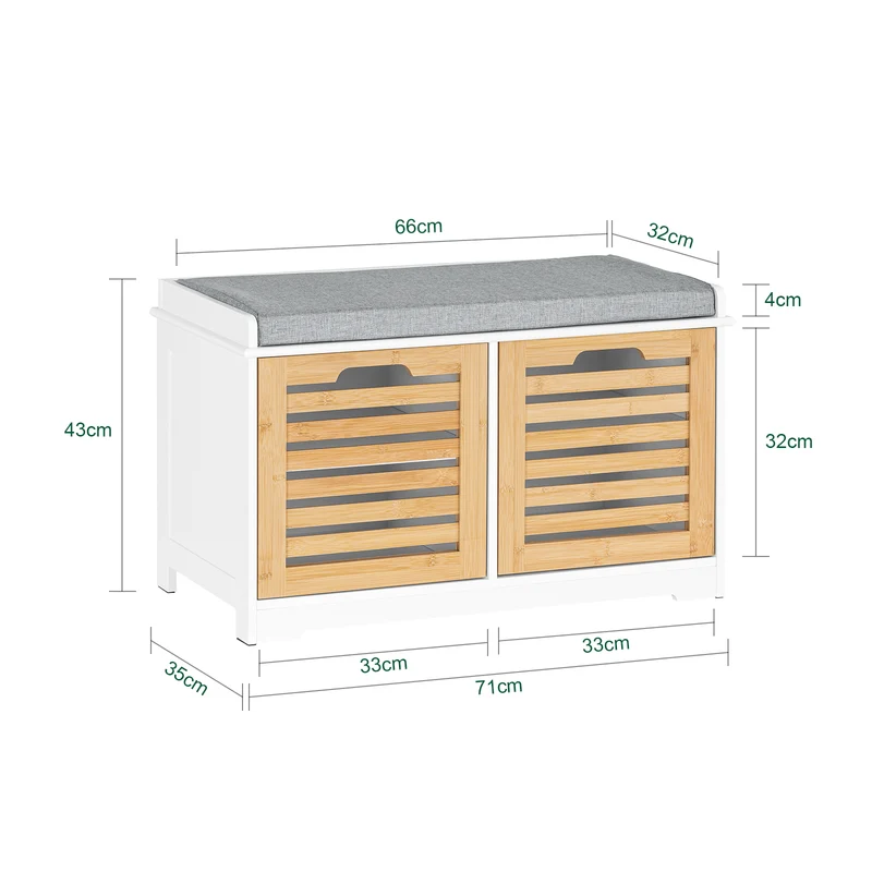 SoBuy FSR23-II-WN Banc à Chaussures avec Coussin Rembourré, 2 Portes et 4 Compartiments Ouverts pour Entrée – 71x35x43 cm, Blanc et Naturel
