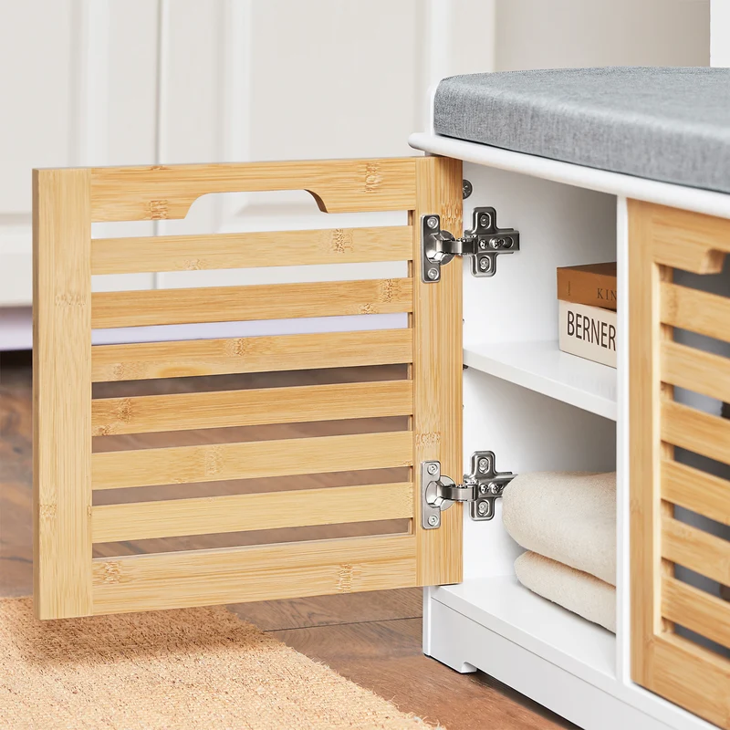 SoBuy FSR23-II-WN Banc à Chaussures avec Coussin Rembourré, 2 Portes et 4 Compartiments Ouverts pour Entrée – 71x35x43 cm, Blanc et Naturel
