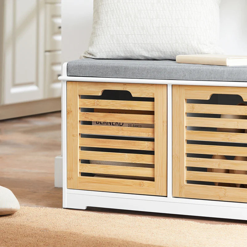 SoBuy FSR23-II-WN Banc à Chaussures avec Coussin Rembourré, 2 Portes et 4 Compartiments Ouverts pour Entrée – 71x35x43 cm, Blanc et Naturel