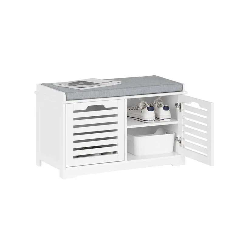 SoBuy FSR23-II-W Banc à Chaussures avec Coussin Rembourré, 2 Portes et 4 Compartiments Ouverts pour Entrée – 71x35x43 cm, Blanc