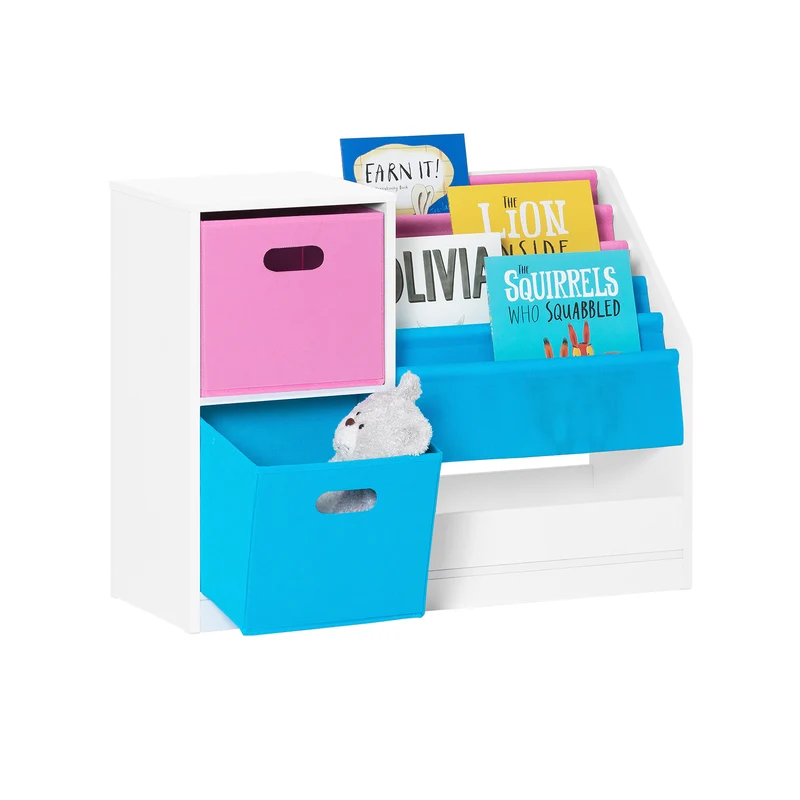 SoBuy KMB76-F Bibliothèque pour Enfants, Organisateur Jouets et Livres pour Enfants avec 2 Paniers, 5 Étagères et 1 Compartiment