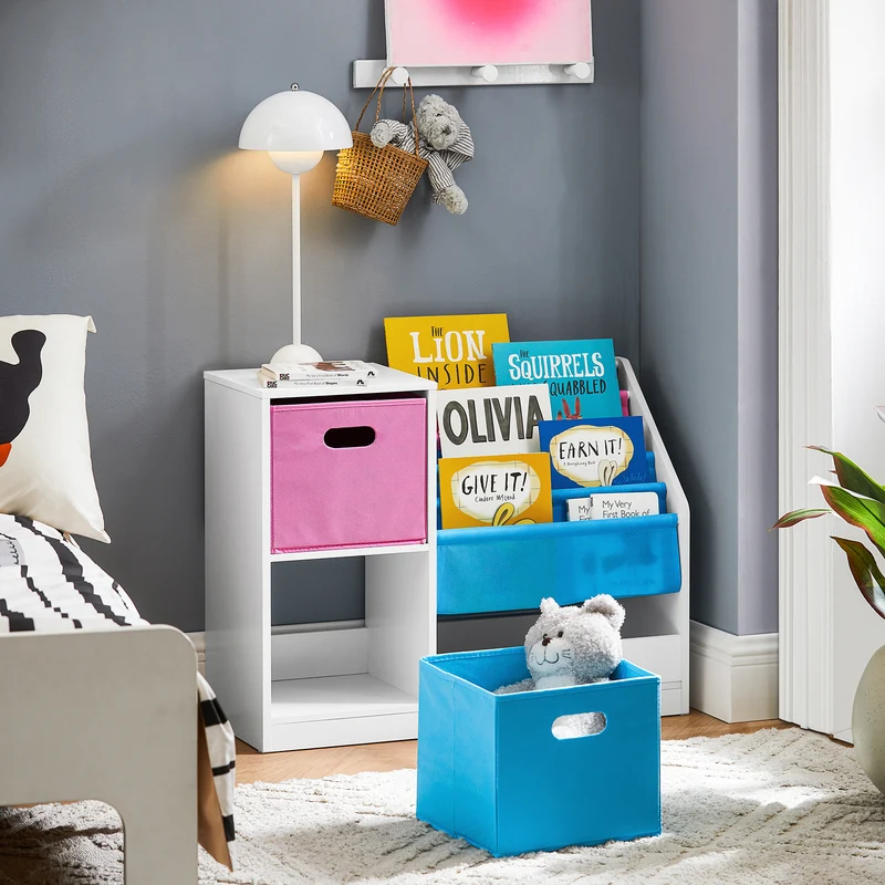 SoBuy KMB76-F Bibliothèque pour Enfants, Organisateur Jouets et Livres pour Enfants avec 2 Paniers, 5 Étagères et 1 Compartiment