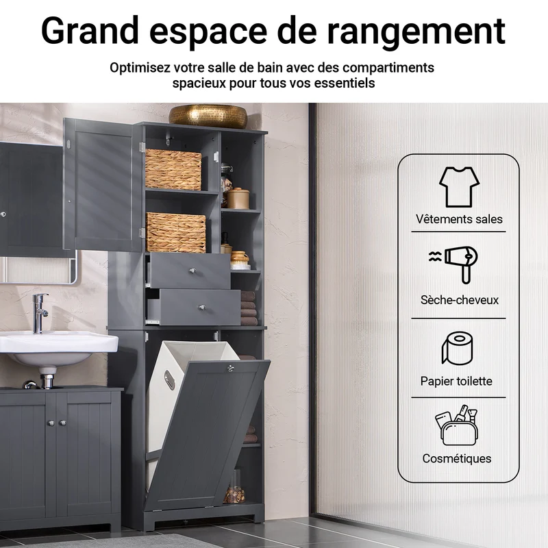 SoBuy BZR104-DG Colonne Salle de Bain Grise 171cm, Panier à Linge Amovible, 6 Étagères, 2 Tiroirs, Anti-Basculement, Charge 70 kg – 60x37x171 cm