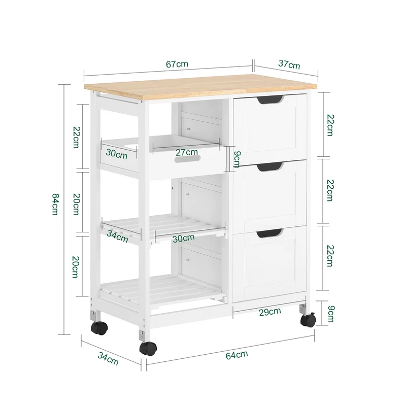 SoBuy FKW79-W Desserte Cuisine avec Roulettes et 3 Tiroirs, Mobile, pour Cuisine et Salle à Manger, Rangement Optimisé, Usage Quotidien – L68×P38×H85 cm, Blanc