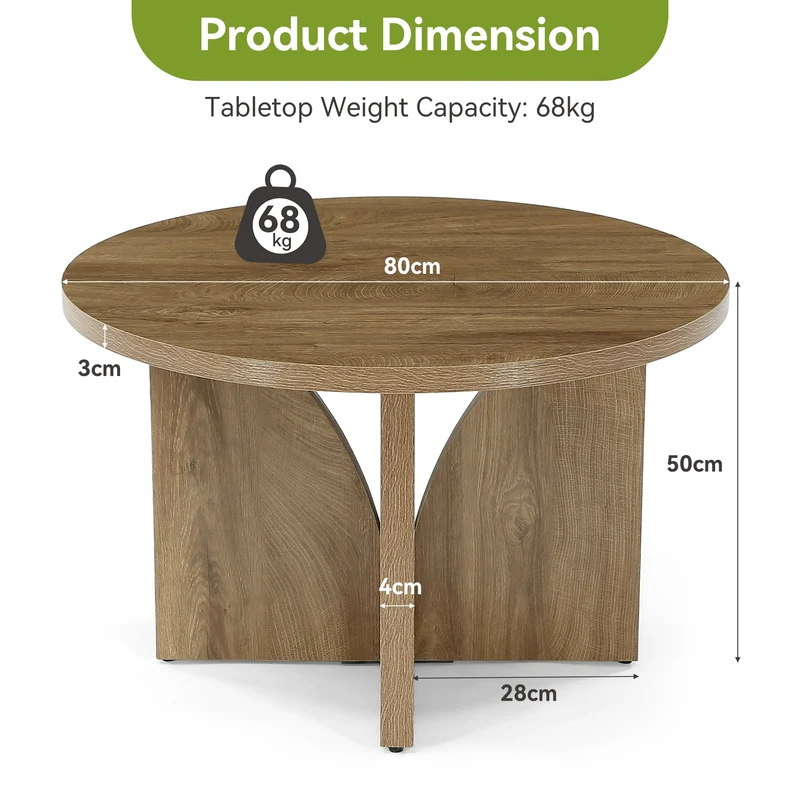 Table basse ronde de 80 cm, Table de salon moderne marron pour petits espaces