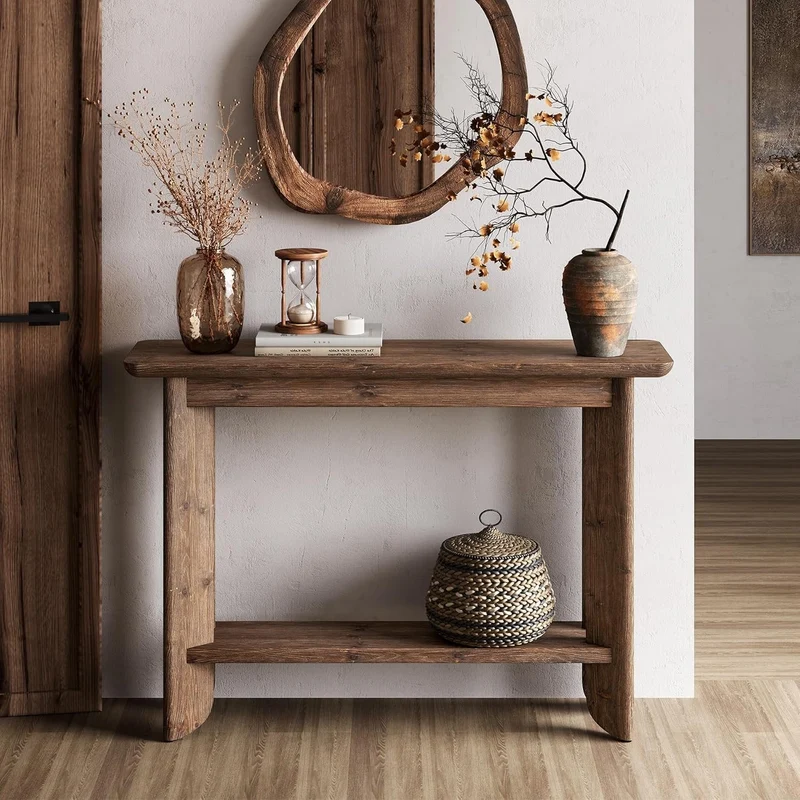 Console de 105 cm avec rangement, Table d'appoint style ferme à 2 niveaux pour salon, couloir et entrée