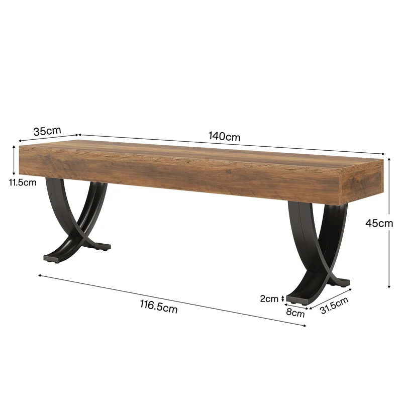 Tribesigns Banc de salle à manger rustique de 140 cm avec plateau imitation bois et pieds en X en métal, Long banc de cuisine pour salle à manger et couloir (banc uniquement)