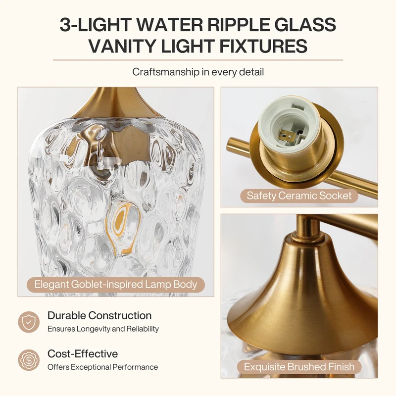 Tribesigns Applique murale LED à 3 lumières pour salle de bain, Dorée avec verre texturé douille E27 éclairage miroir