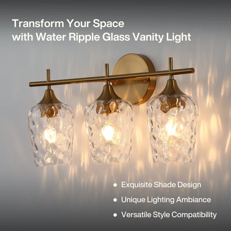 Tribesigns Applique murale LED à 3 lumières pour salle de bain, Dorée avec verre texturé douille E27 éclairage miroir