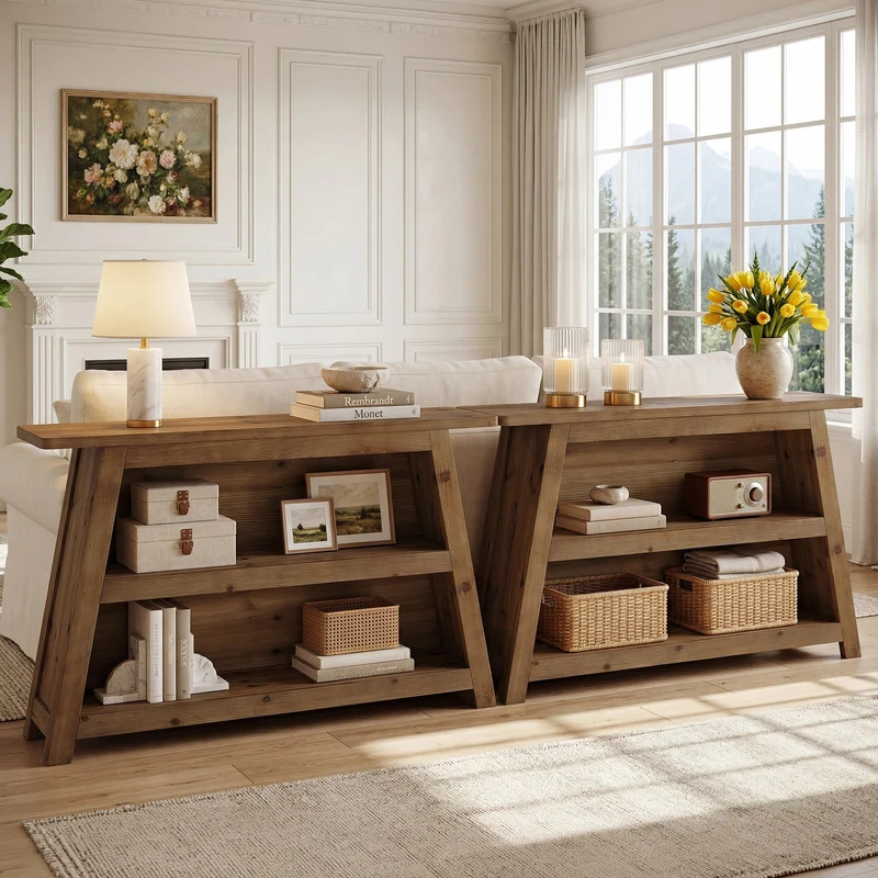 Tribesigns Console en bois massif de 120 cm, Table d'entrée à 3 niveaux de style champêtre avec étagères