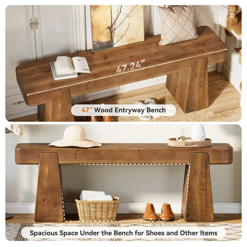 Tribesigns Banc en bois massif 120 cm, Style champêtre avec pieds renforcés
