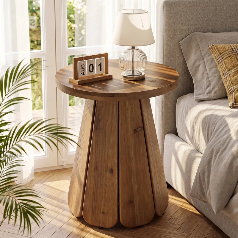 Tribesigns Table d'appoint ronde en bois massif 50 cm, Style champêtre avec piètement sculptural