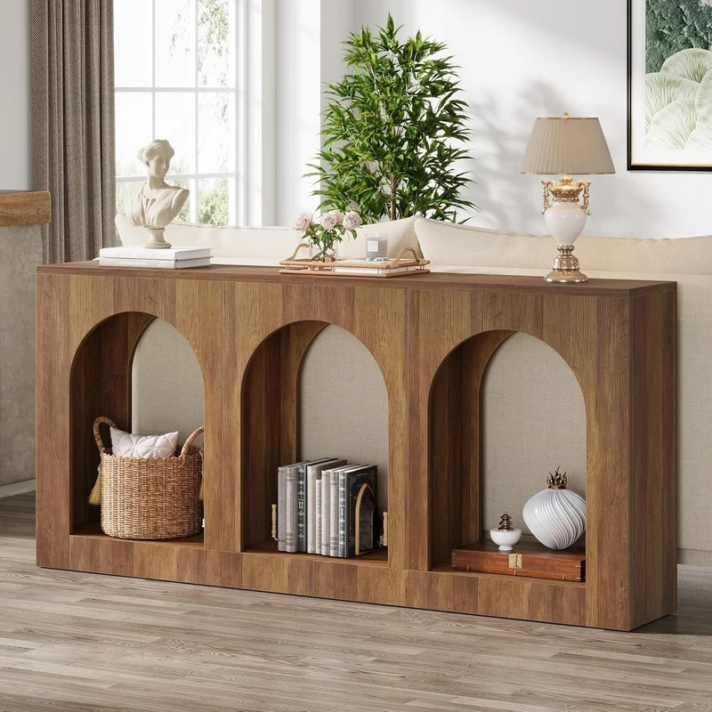 Console de 160 cm table étroite en bois avec 3 étagères cintrées, Table basse à placer derrière le canapé