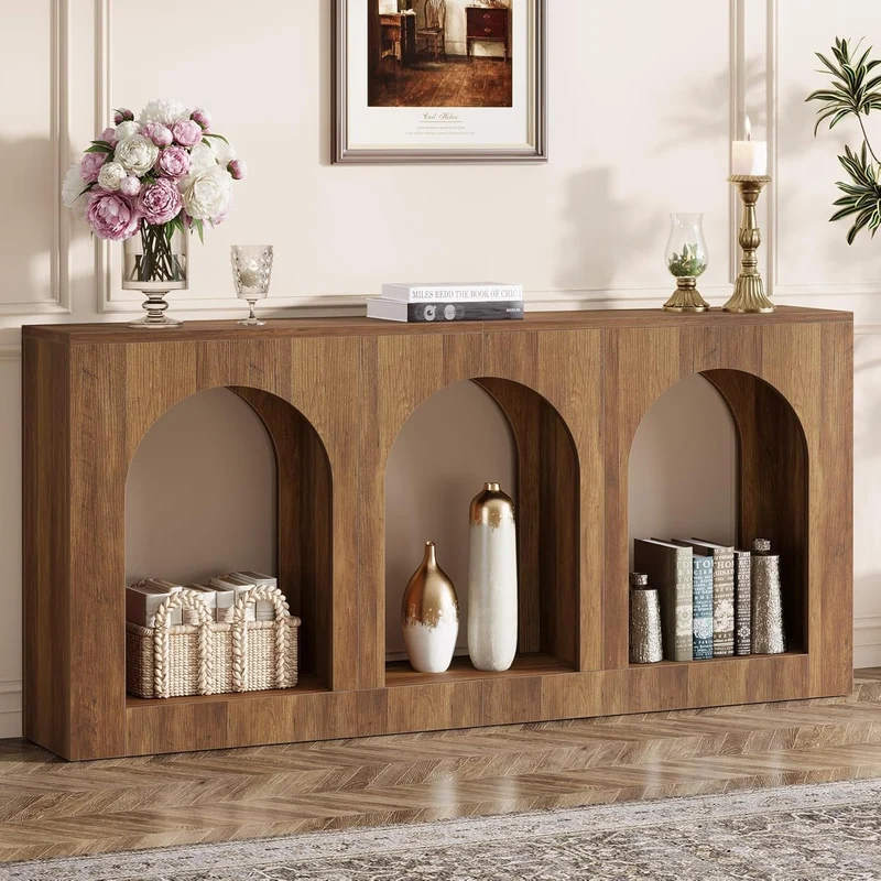 Console de 160 cm table étroite en bois avec 3 étagères cintrées, Table basse à placer derrière le canapé