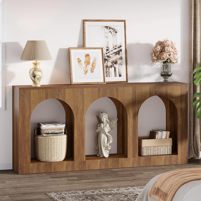 Console de 160 cm table étroite en bois avec 3 étagères cintrées, Table basse à placer derrière le canapé