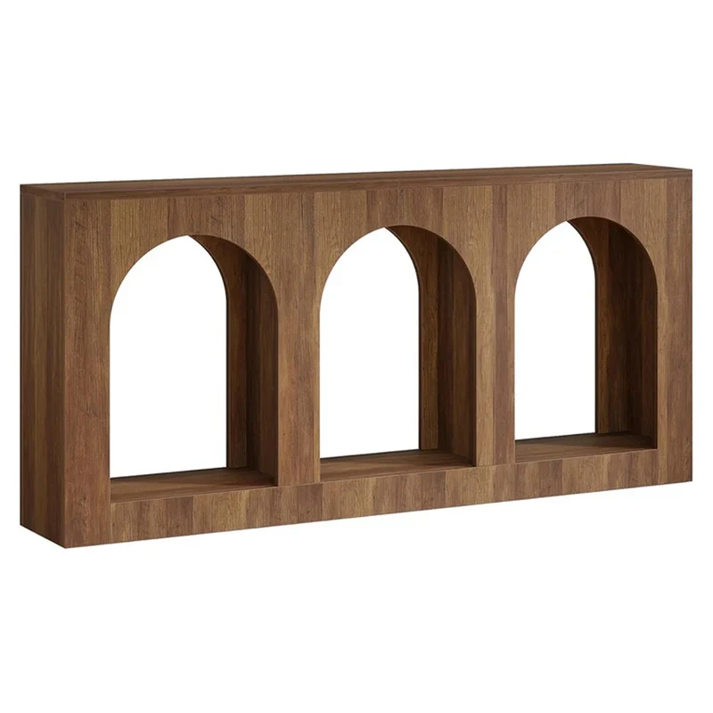 Console de 160 cm table étroite en bois avec 3 étagères cintrées, Table basse à placer derrière le canapé
