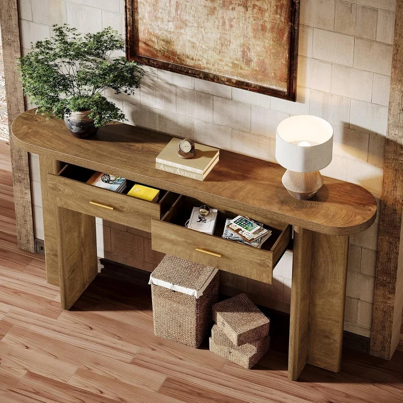 Tribesigns Console ovale en bois de 160 cm de long de style champêtre avec 2 tiroirs et un espace de rangement