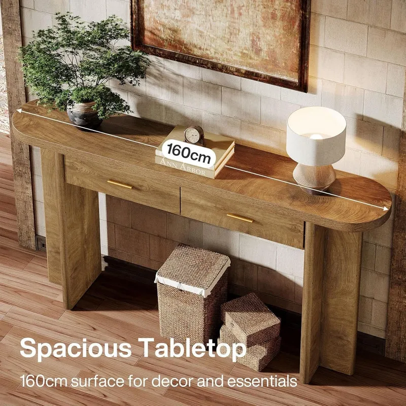 Tribesigns Console ovale en bois de 160 cm de long de style champêtre avec 2 tiroirs et un espace de rangement