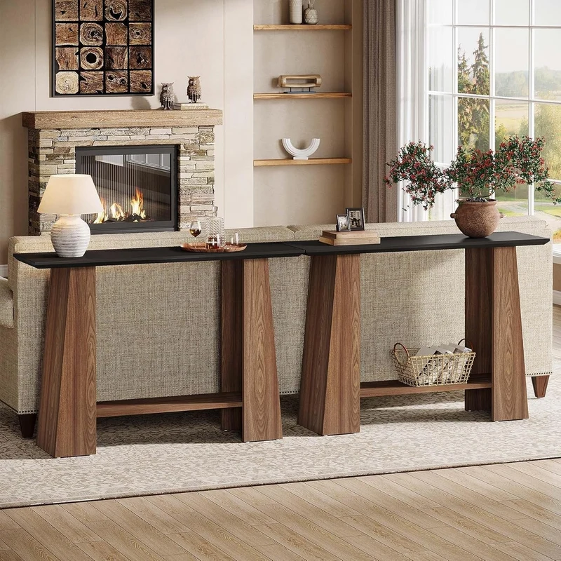 Tribesigns Console de 120 cm, Table d'entrée moderne à 2 niveaux du milieu du siècle en noir et noyer