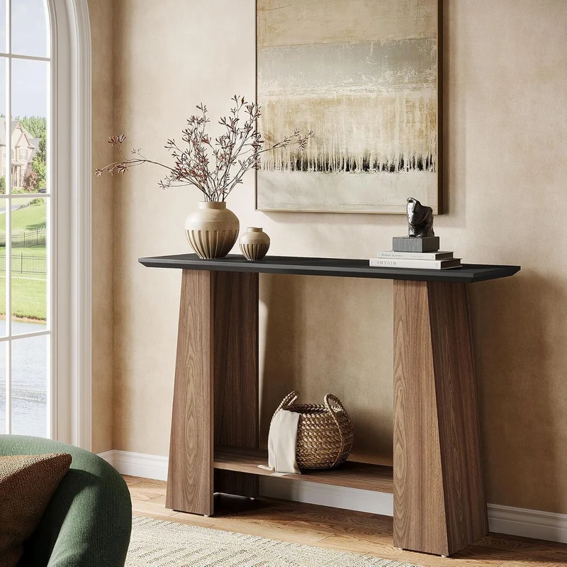 Tribesigns Console de 120 cm, Table d'entrée moderne à 2 niveaux du milieu du siècle en noir et noyer