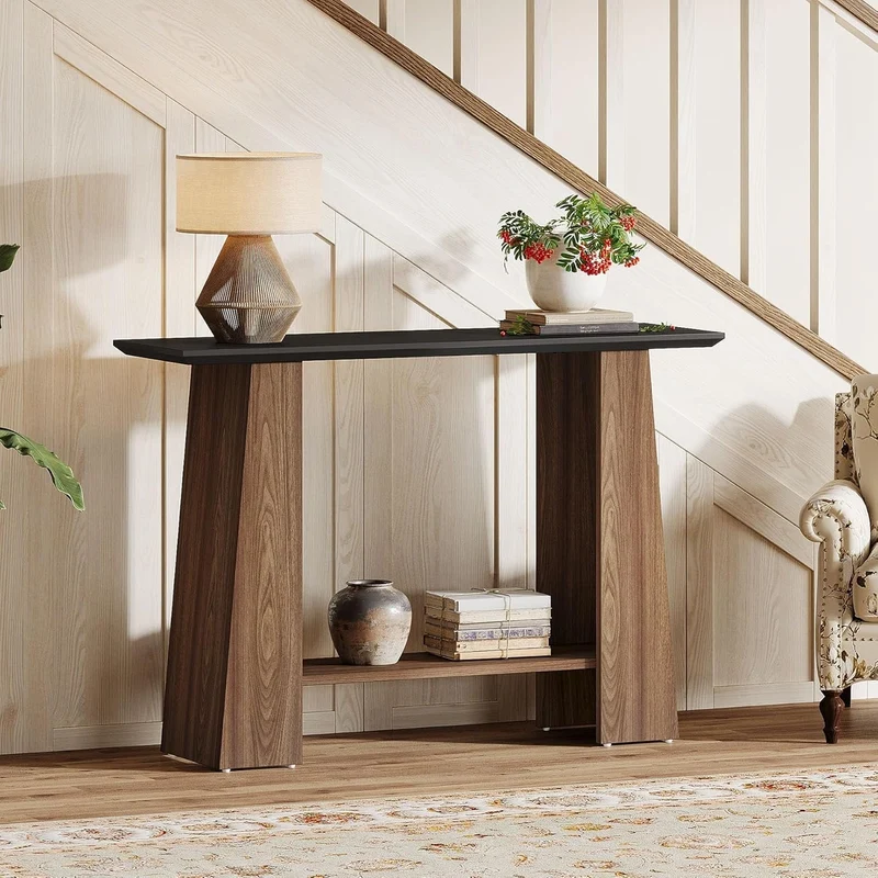 Tribesigns Console de 120 cm, Table d'entrée moderne à 2 niveaux du milieu du siècle en noir et noyer