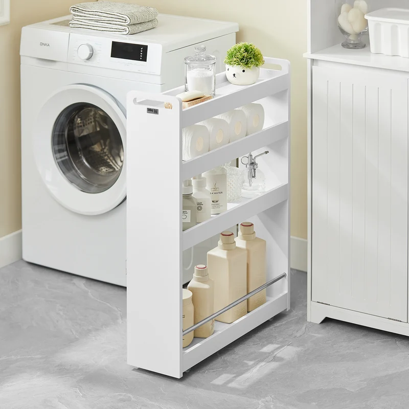 SoBuy NSR01-W Chariot de Rangement avec Roues et 4 Niveaux, Format Compact, Rangement Optimisé, Design Fonctionnel, Usage Quotidien – L60×P18×H82 cm, Blanc