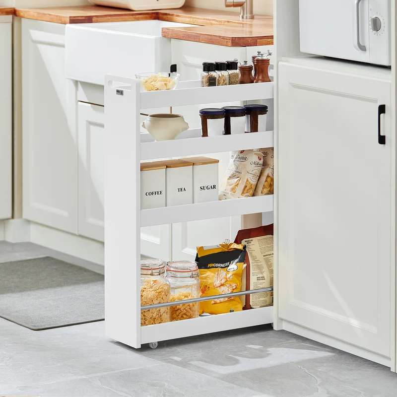 SoBuy NSR01-W Chariot de Rangement avec Roues et 4 Niveaux, Format Compact, Rangement Optimisé, Design Fonctionnel, Usage Quotidien – L60×P18×H82 cm, Blanc
