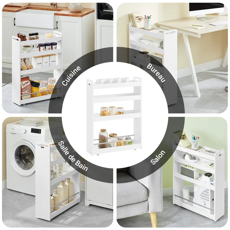 SoBuy NSR01-W Chariot de Rangement avec Roues et 4 Niveaux, Format Compact, Rangement Optimisé, Design Fonctionnel, Usage Quotidien – L60×P18×H82 cm, Blanc