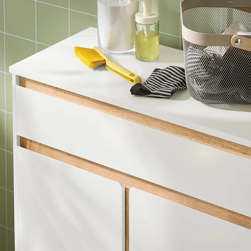 SoBuy BZR79-W Meuble de Salle de Bain avec Panier à Linge Intégré, Tiroir et Double Porte – Blanc et Bois
