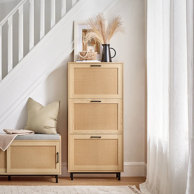 SoBuy FSR155-N Armoire à Chaussures 3 Abattants Effet Cannage Rotin, Meuble d'Entrée Design – Naturel