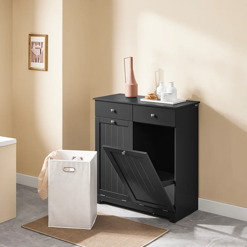 SoBuy BZR33-II-SCH Meuble Salle de Bain avec 2 Sacs à Linge 45 L et 2 Tiroirs – L78×P38×H91 cm, Charge 70 kg, MDF E1, Noir