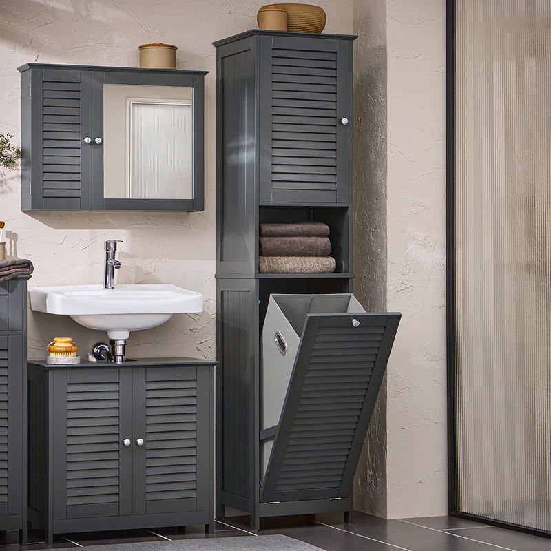 SoBuy BZR124-DG Meuble Colonne avec Panier à Linge – Armoire de Salle de Bain Rangement Étroit Étagère de Salle de Bain Petit Meuble WC Placard Gris 40x170x38 cm