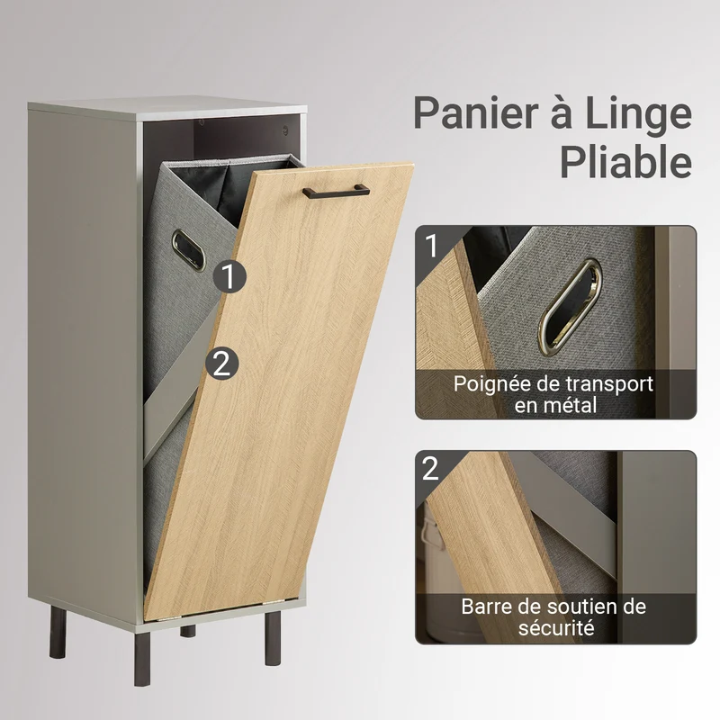 SoBuy BZR132-NG Meuble de Salle de Bain avec Panier à Linge – 31,5 cm, Pieds en Métal, Anti-Basculement, Gris Naturel