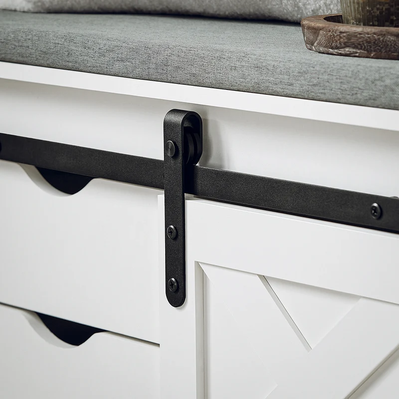 SoBuy FSR153-W Banc à Chaussures avec Coussin Rembourré et Porte de Grange Coulissante pour Entrée – 80x30x49 cm, Blanc