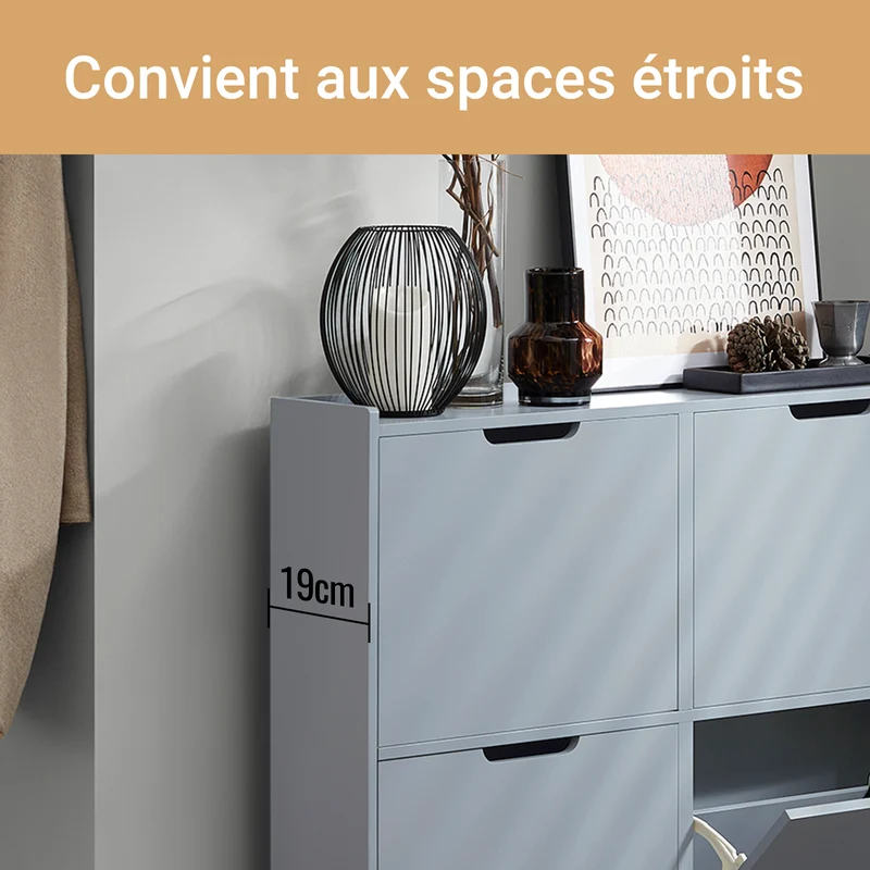 SoBuy FSR100-HG Armoire à Chaussures Ultra-Slim 19 cm – 4 Abattants, 8–12 Paires, Anti-Basculement, Gris, 100×19×91 cm