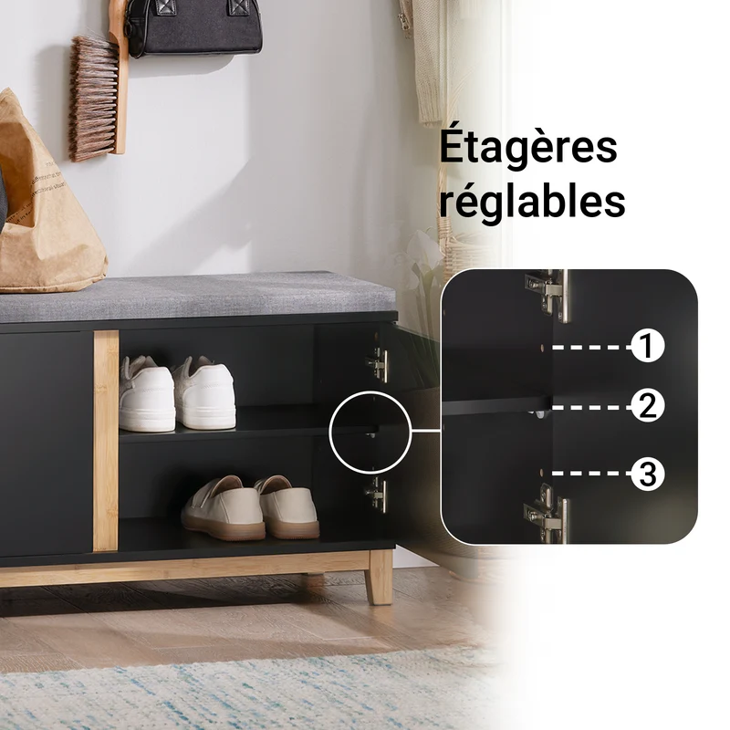 SoBuy FSR117-SCH Banc à Chaussures avec Coussin Rembourré et 2 Portes, Meuble d'Entrée – 90x34x46 cm, Noir