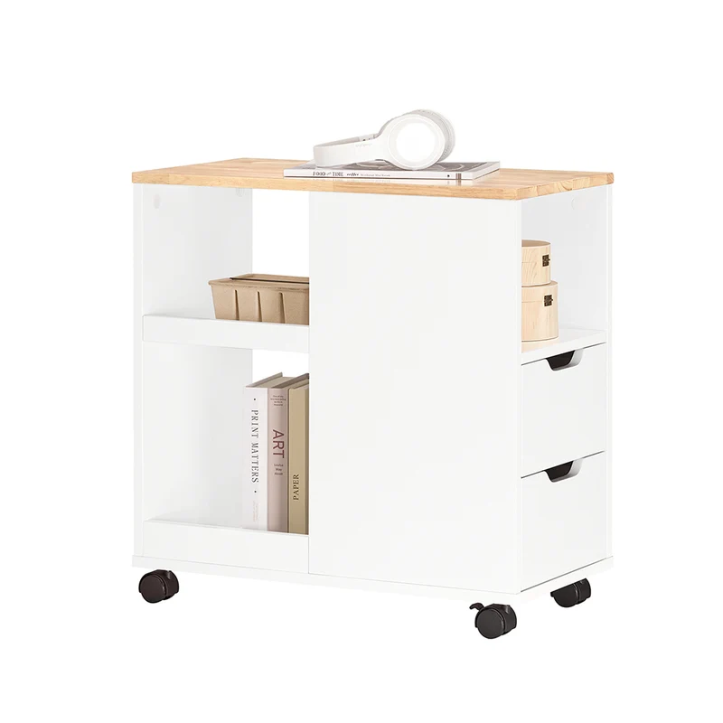 SoBuy FBT130-WN Bout de Canapé, Table d'appoint avec 2 Tiroirs, Compartiment Ouvert, Meuble de Rangement à roulettes, Chariot pour Salon, Bureau, Chambre, Blanc, L60xP30xH60cm
