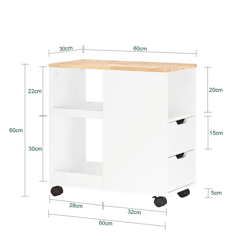 SoBuy FBT130-WN Bout de Canapé, Table d'appoint avec 2 Tiroirs, Compartiment Ouvert, Meuble de Rangement à roulettes, Chariot pour Salon, Bureau, Chambre, Blanc, L60xP30xH60cm