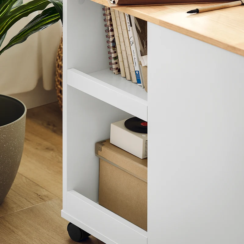 SoBuy FBT130-WN Bout de Canapé, Table d'appoint avec 2 Tiroirs, Compartiment Ouvert, Meuble de Rangement à roulettes, Chariot pour Salon, Bureau, Chambre, Blanc, L60xP30xH60cm
