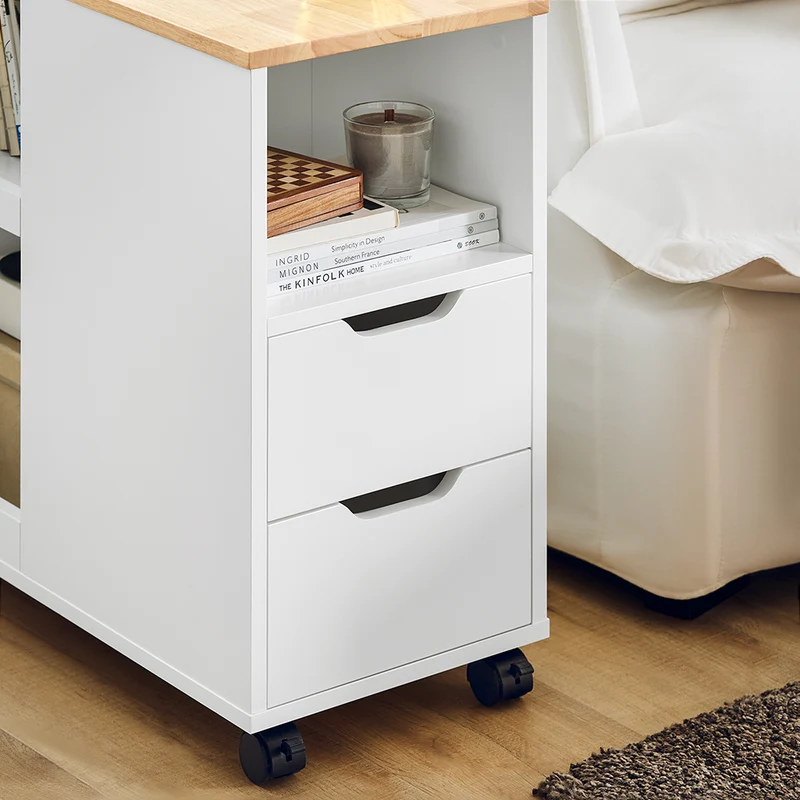 SoBuy FBT130-WN Bout de Canapé, Table d'appoint avec 2 Tiroirs, Compartiment Ouvert, Meuble de Rangement à roulettes, Chariot pour Salon, Bureau, Chambre, Blanc, L60xP30xH60cm