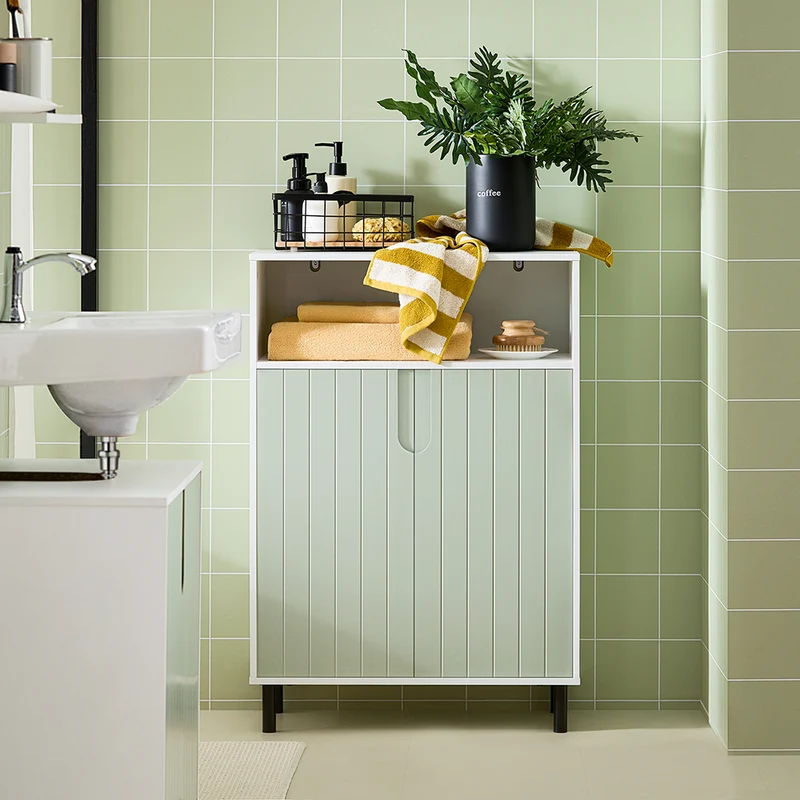 SoBuy BZR138-GR Meuble Bas Salle de Bain Vert et Blanc 87 cm avec 2 Portes, Étagères Réglables et Compartiment Ouvert – Pieds Métal, Charge 45 kg