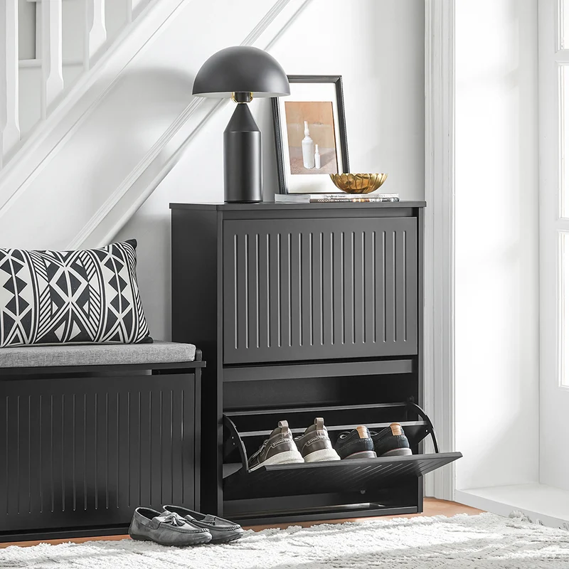 SoBuy FSR165-K-SCH Meuble à Chaussures à Abattants 2 Niveaux – Rangement Discret pour Entrée – 61x26x81 cm Noir