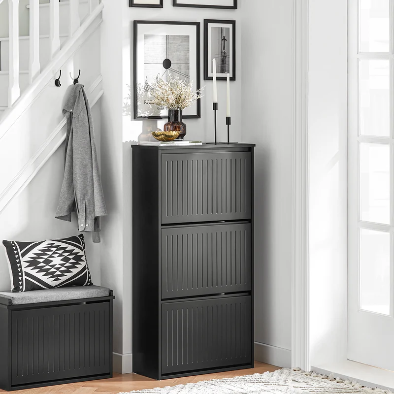 SoBuy FSR165-H-SCH Meuble à Chaussures à Abattants 3 Niveaux – Rangement Discret pour Entrée – 61x26x120 cm Noir