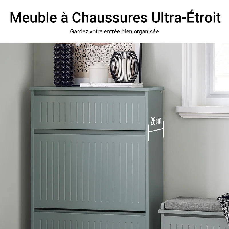 SoBuy FSR165-HG Armoire à Chaussures avec Coussin Rembourré, Coffre 2 Abattants, Capacité 30 kg pour Entrée – Gris